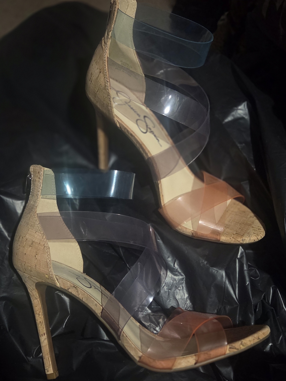 Jessica Simpson Clear Strap Cork Stiletto Sandals - Nude/Transparent